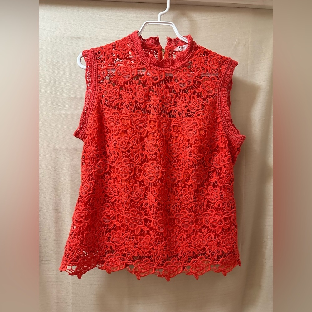 Nanette Lepore Coral Floral Lace Sleeveless Mock Neck Top Size Large